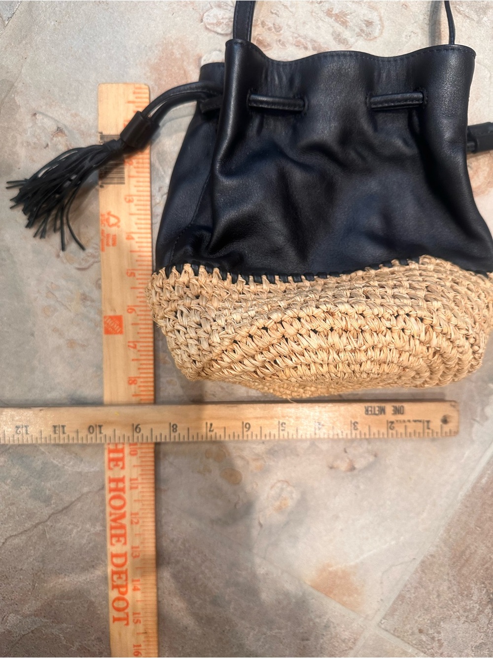 Loeffler Randall Black Leather and Raffia Drawstring Bucket Bag - Picture 9 of 12